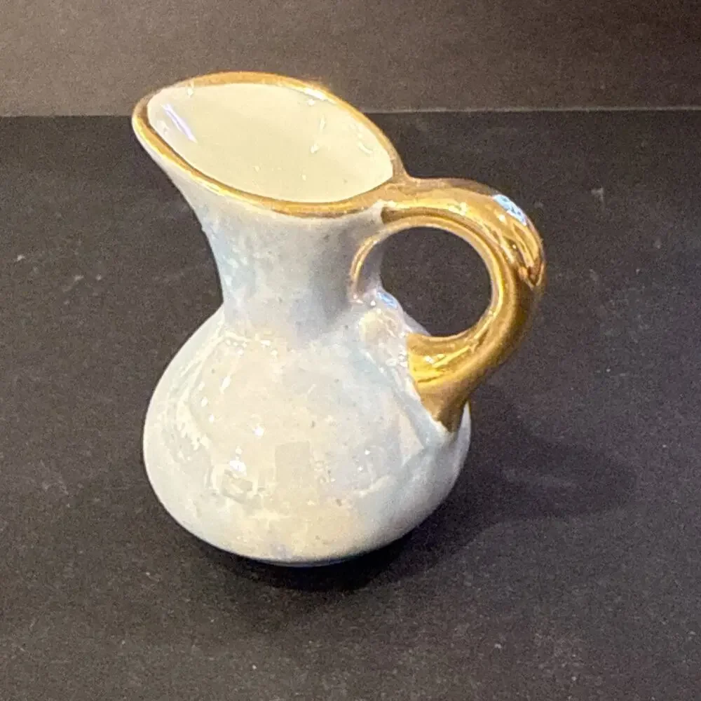 Vintage Set of 4 Mini Pottery Pitchers Colorful Gold Trim Studio Art Style